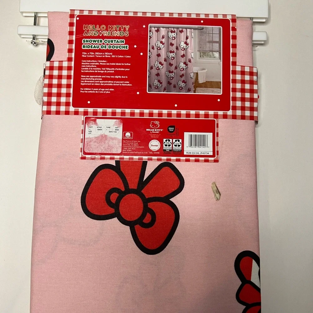 Hello Kitty Gingerbread, Candy Cane, Red Bows pink background Shower Curtain